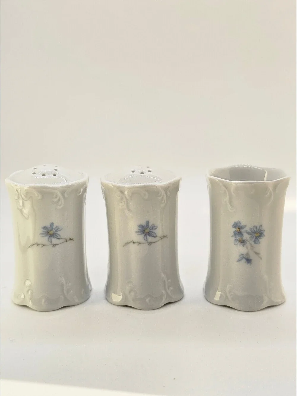 Vintage German Porcelain Salt, Pepper & Toothpick Holder Set | Blue Floral Set